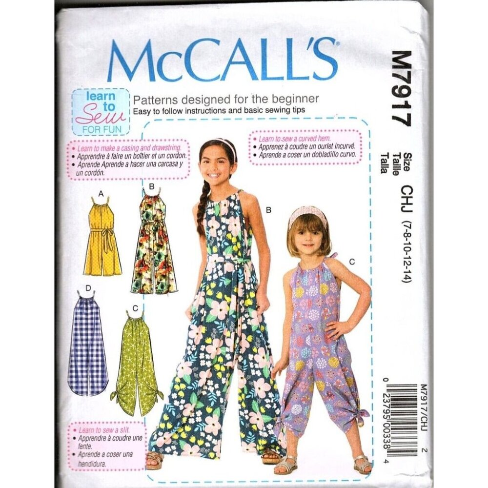 McCall's M7917 Girls 7 to 14 Rompers and Jumpsuits Uncut Sewing Pattern New
